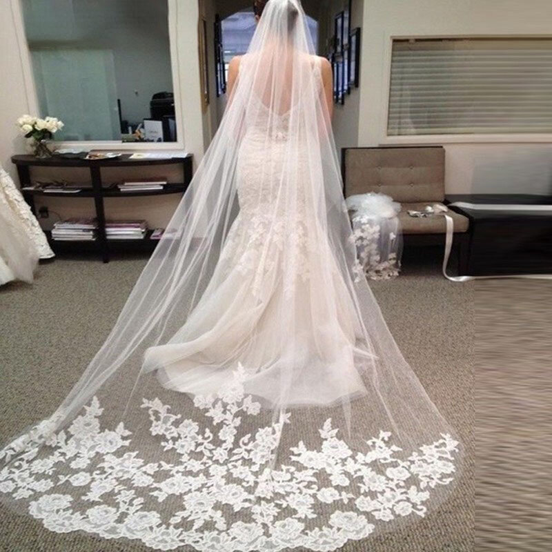 Applique Tulle 3 Meters Long Cathedral Wedding Veils Lace Edge Bridal Veil Veu de Noiva Longo Wedding Accessories