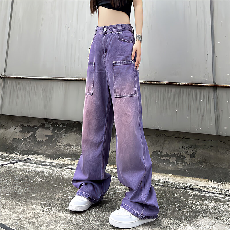 Purple Baggy Jeans Women Boyfriend Style High Waist Gradient Color Washed Y2k Cargo Pants Mopping Straight Denim Trousers