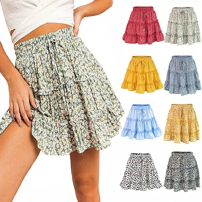 Women's Floral Mini Skirt 2024 Summer High Waist Ruffled Lace Up A-Line Beach Skirt Fresh Style Loose Skirts Streetwear Sweet
