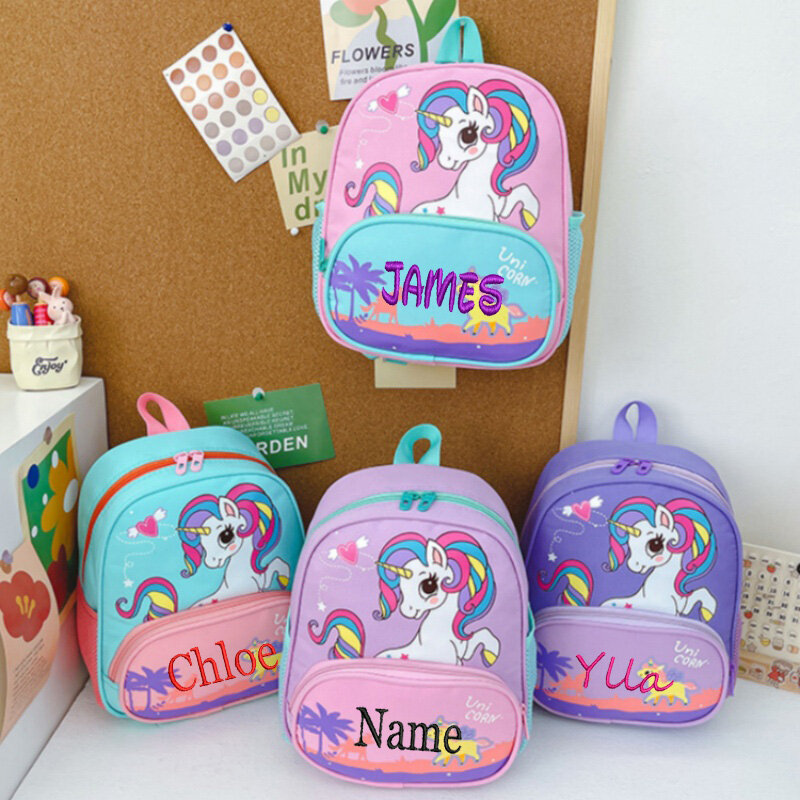 Mochila de unicornio con nombre personalizado, bolso escolar de dibujos animados para niños y niñas, personalizado y creativo