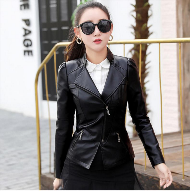 Женская черная короткая приталенная куртка из искусственной кожи, весна-осень 2023