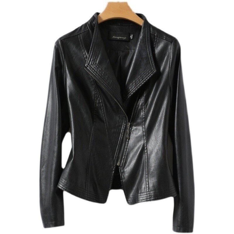 Jaqueta de couro genuíno para mulheres, casaco de pele de carneiro preto, moda motocicleta curta, nova, primavera, outono, 2023