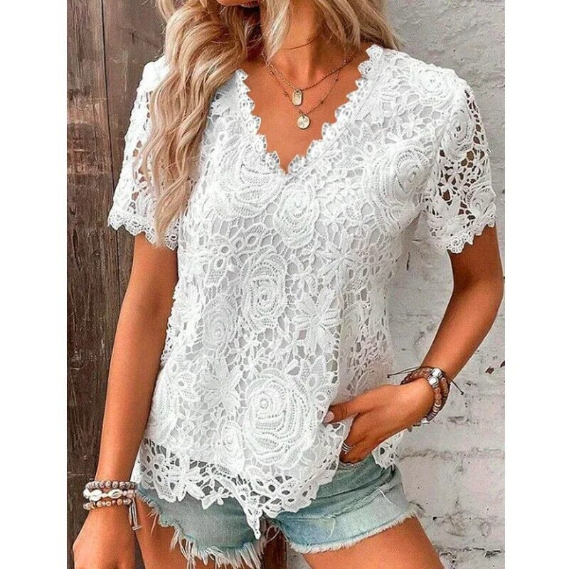 2024 New Summer Women's Elegant Lace V-neck Top Fashion Solid Color Casual Loose Short-sleeved T-shirt Holiday Casual Street Top