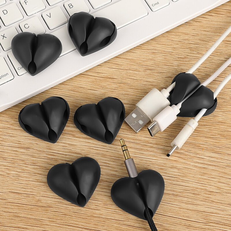 New Silicone USB Cable Organizer Clips Love Heart Shape Data Cord Charger Line Holder Clamp Desktop Tidy Wire Management Winder