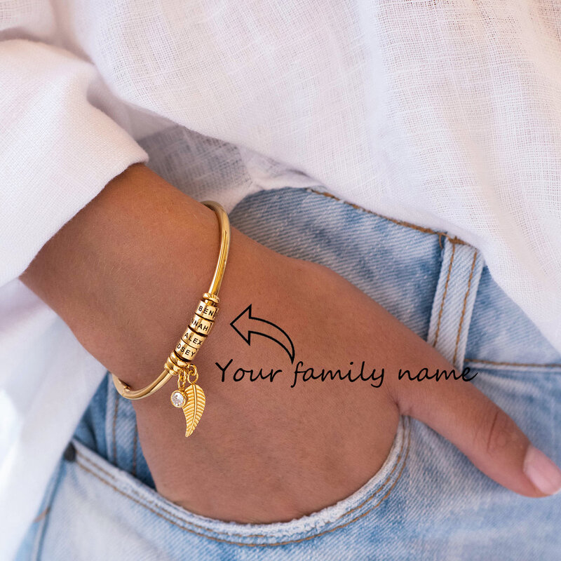 Pulsera con nombres personalizados para mujer, brazaletes de hoja bohemios con piedra natal de 12 colores, brazalete abierto de acero inoxidable personalizado, regalos