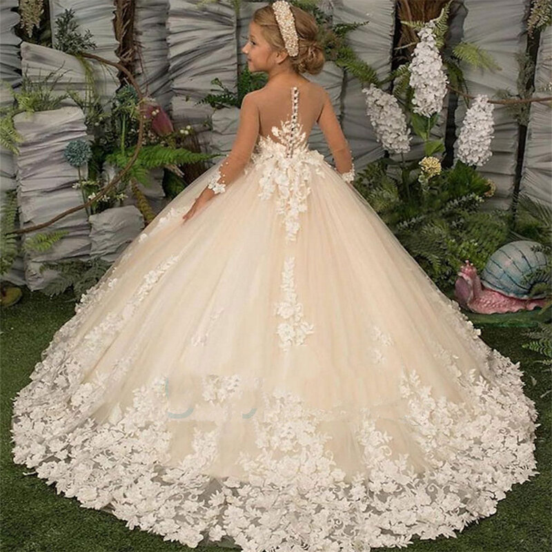 Gaun Perempuan Bunga Applique Renda Floral Gaun Pesta Pernikahan Anak-anak Baju Anak-anak Baru Gaun Putri Komuni Pertama