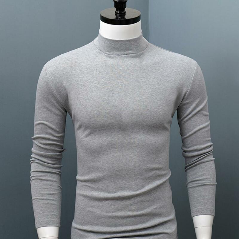 Kaus Pria Ramping Kasual Lengan Panjang Warna Solid Kerah Setengah Tinggi Ketat untuk Pakaian Dalam