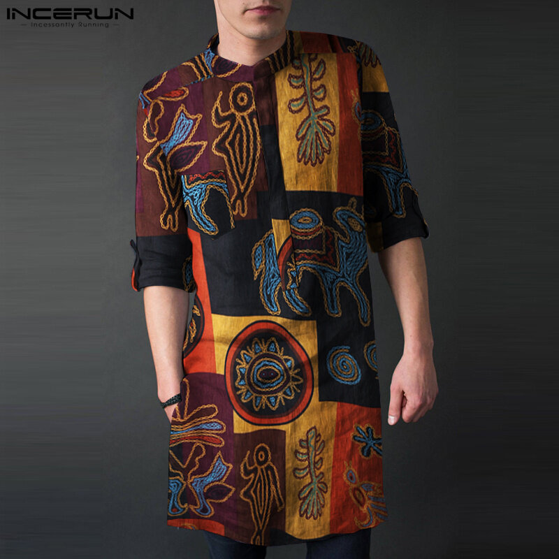 Incerun 2023 muslimischen Stil neue Herren Robe Vintage Totem Stehkragen Robe modische Long-Style-Design mittel ärmel ige Robe S-5XL