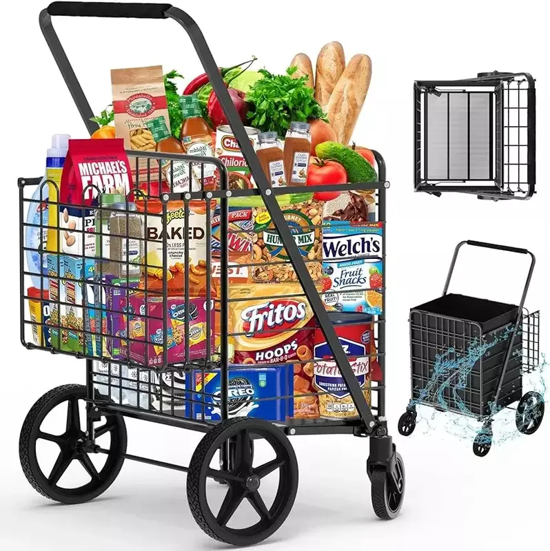 Carrito de compras de 450 libras de capacidad, carrito de comestibles enorme con ruedas, servicio pesado, utilidad plegable