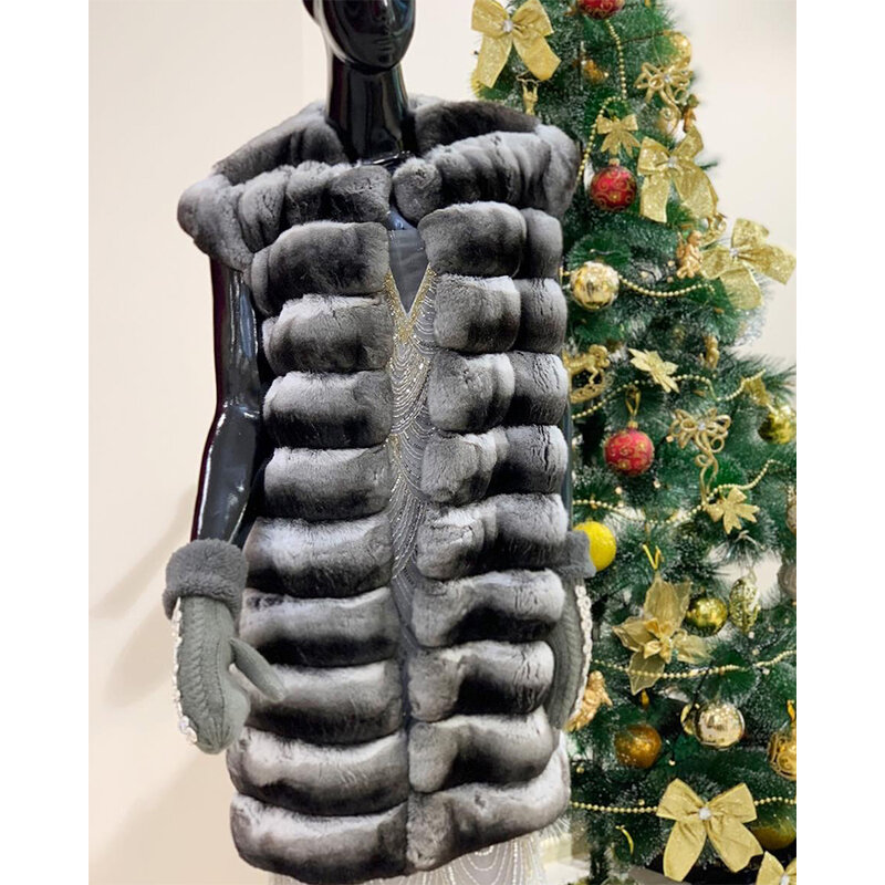 Jaqueta natural de pele de coelho Rex para mulheres, casaco de chinchila, gola redonda, colete curto, pele real, inverno