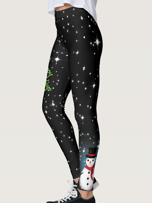Celana ketat olahraga wanita, celana legging Yoga olahraga Jegging Natal manusia salju bermotif Digital untuk kebugaran