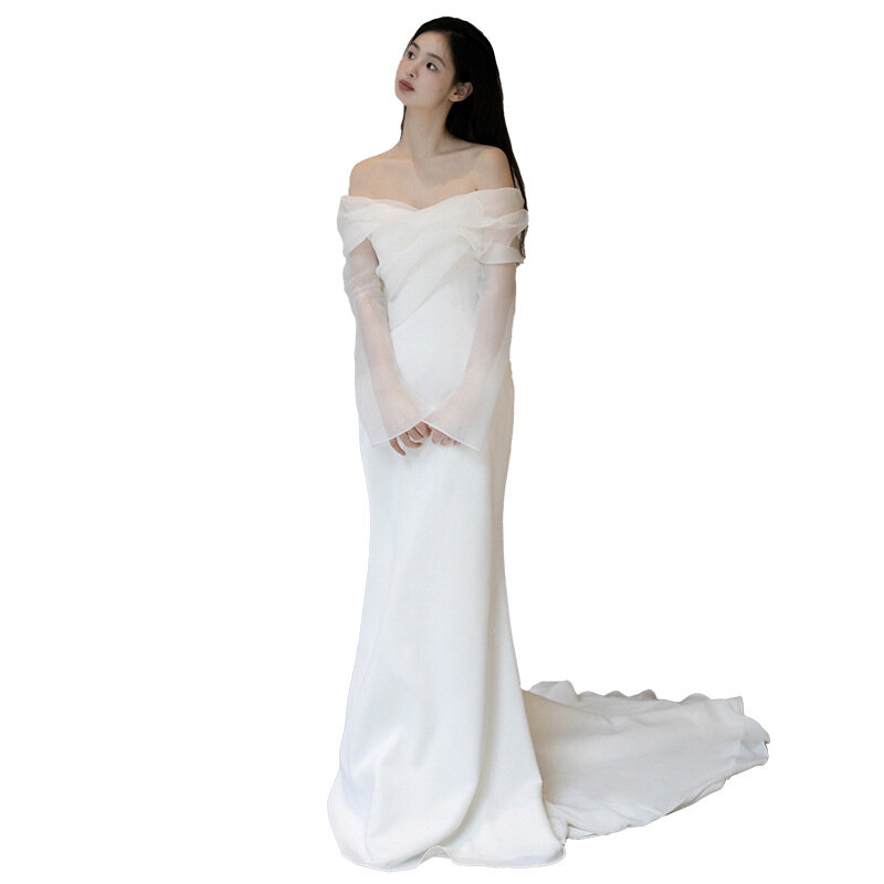 GIYSILE Satynowa lekka suknia ślubna na jedno ramię z prostym i wąskim krojem Słodka suknia ślubna z długim rękawem Vestidos De Novia