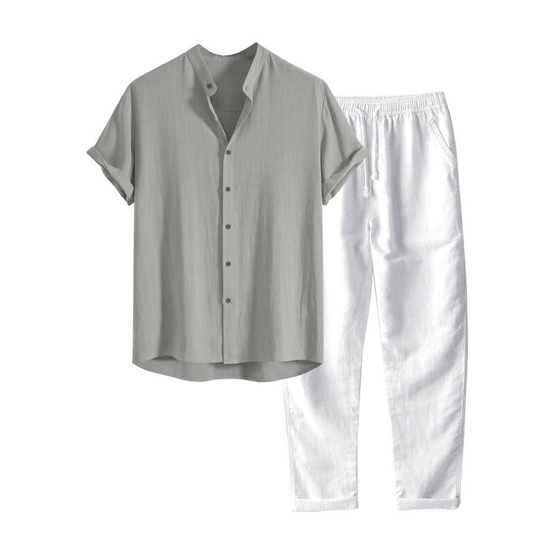 เซ็ตเสื้อฮาราจูกุกางเกงสำหรับผู้ชาย, เสื้อลำลองแขนสั้นคอตั้งสีพื้นเสื้อกางเกงขายาว