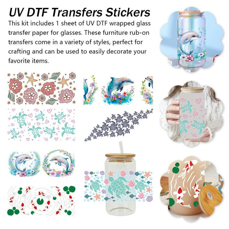 Pegatinas de transferencia UV DTF para envolturas de taza de dibujos animados de vidrio de 16oz, pegatinas impermeables, logotipo personalizado, calcomanía, correa de soporte de botella J2M2
