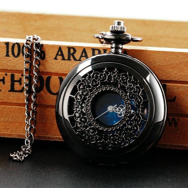 Fashion Blue Starry Sky Dial Retro Quartz Pocket Watch Steampunk Necklace Analog Pendant Fob Chain Clock Souvenir Unisex Gift