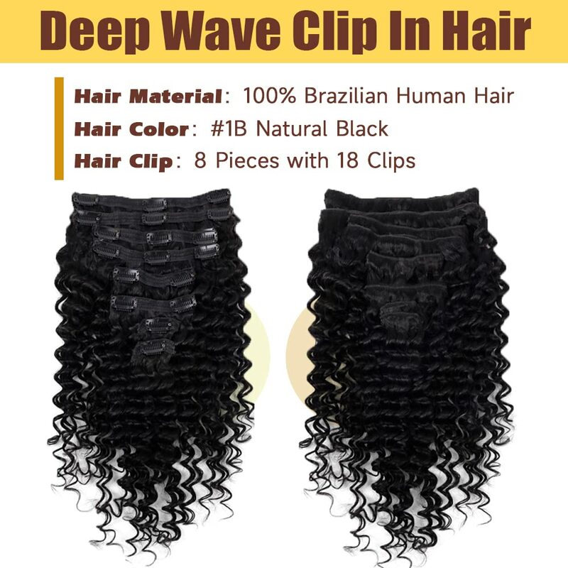 Deep Wave Clip ins Human Hair Extensions for Women 8Pcs Extensions Real Human Hair Curly Thick to Ends with 120g/set