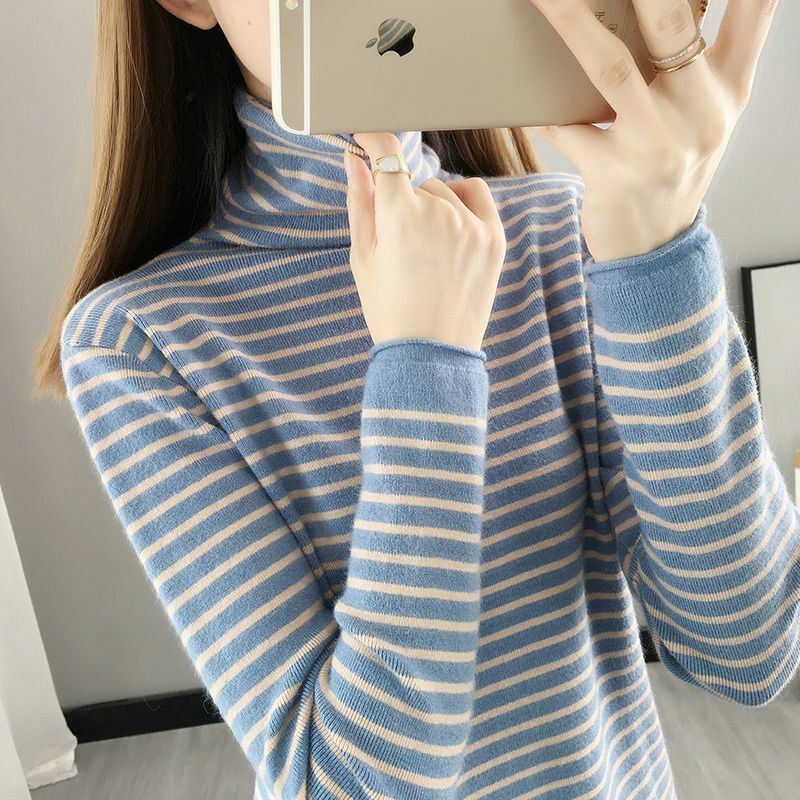 Autumn New Stripe Stitching High Collar Long Sleeve Bottomed Shirt Elegant Women's Knitted Sweater Coat Warm Slim Fit Top