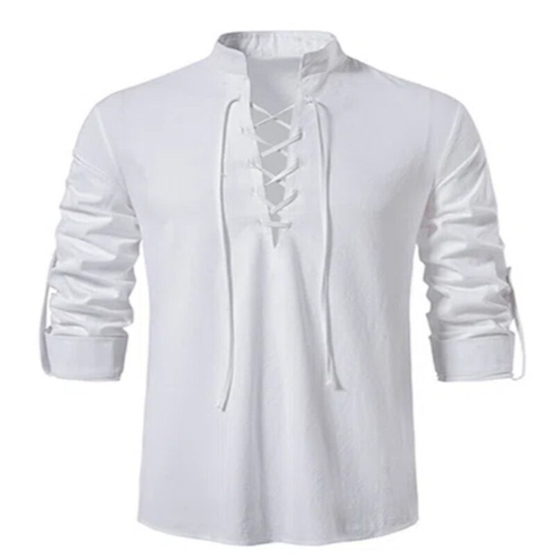 Рубашка мужская с V-образным вырезом, модная винтажная тонкая сорочка с длинным рукавом, Повседневная дышащая рубашка на шнуровке спереди, 2022