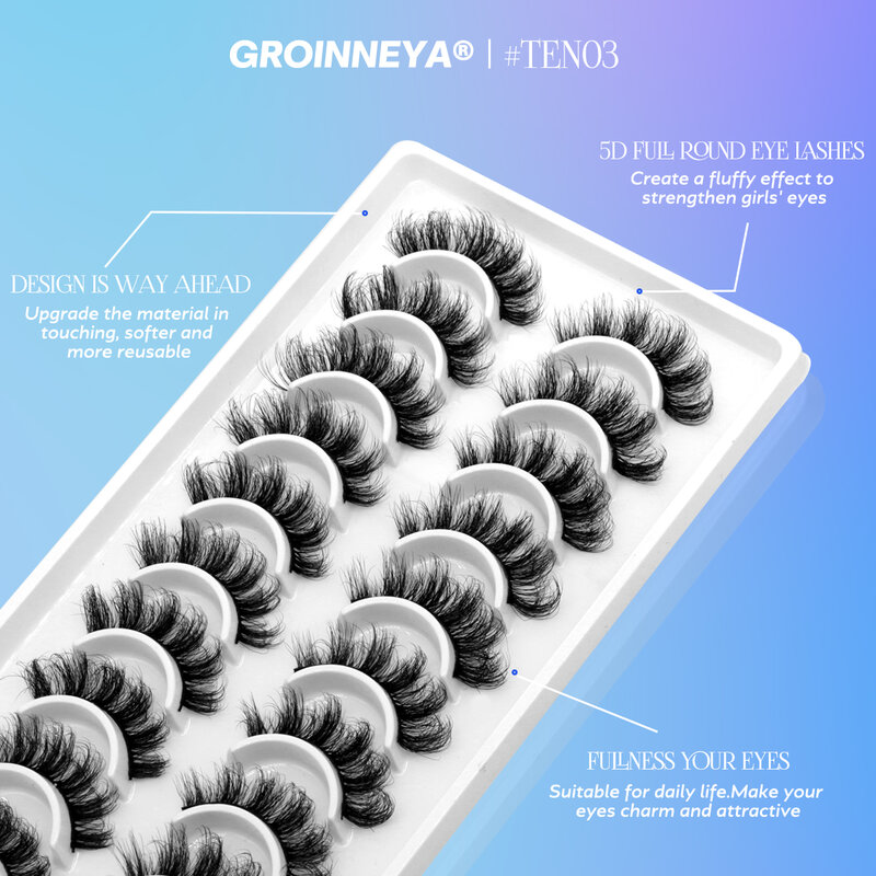 Groinneya 5 / 10 double 3D Mink cils imitation Mink cils moelleux cils épais doux maquillage dramatique faux cils