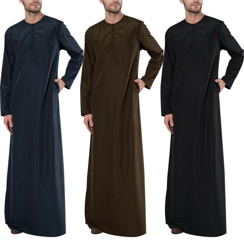 Abito arabo musulmano allentato Casual da uomo camicia a maniche lunghe con cerniera comoda girocollo per il tempo libero abbigliamento per la casa abbigliamento retrò