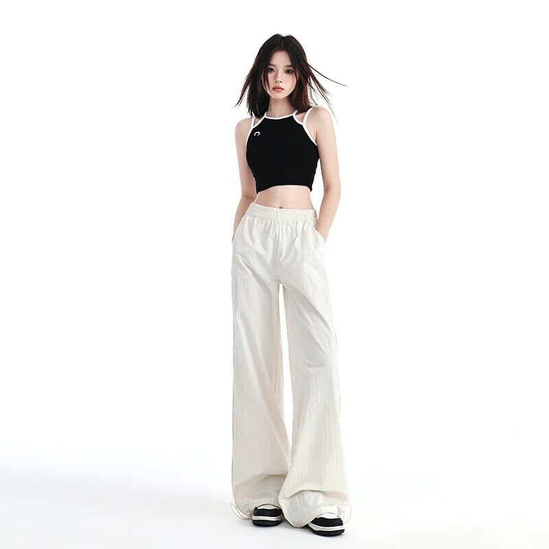 2024 Summer New Women's Casual Pants Solid Color Wide Leg Pants Elastic Waist Straight Pants Fashion Versatile
