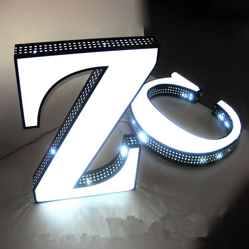 Letreros de letras de canal LED iluminados frontales y laterales hechos a medida, letreros de tienda de letras de canal perforadas