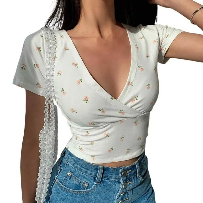 여성 브이넥 플라워 프린트 슬림핏 반팔 티셔츠, 세련된 슬림핏 셔츠, 부드러운 통기성, 레트로 탑, 여름