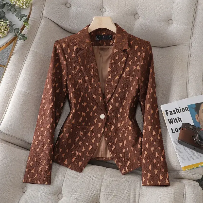 Traje con patrón triangular para mujer, Blazer marrón de 1 pieza, ropa de trabajo de negocios para mujer, chaqueta elegante para niña, abrigo, vestido de Graduación