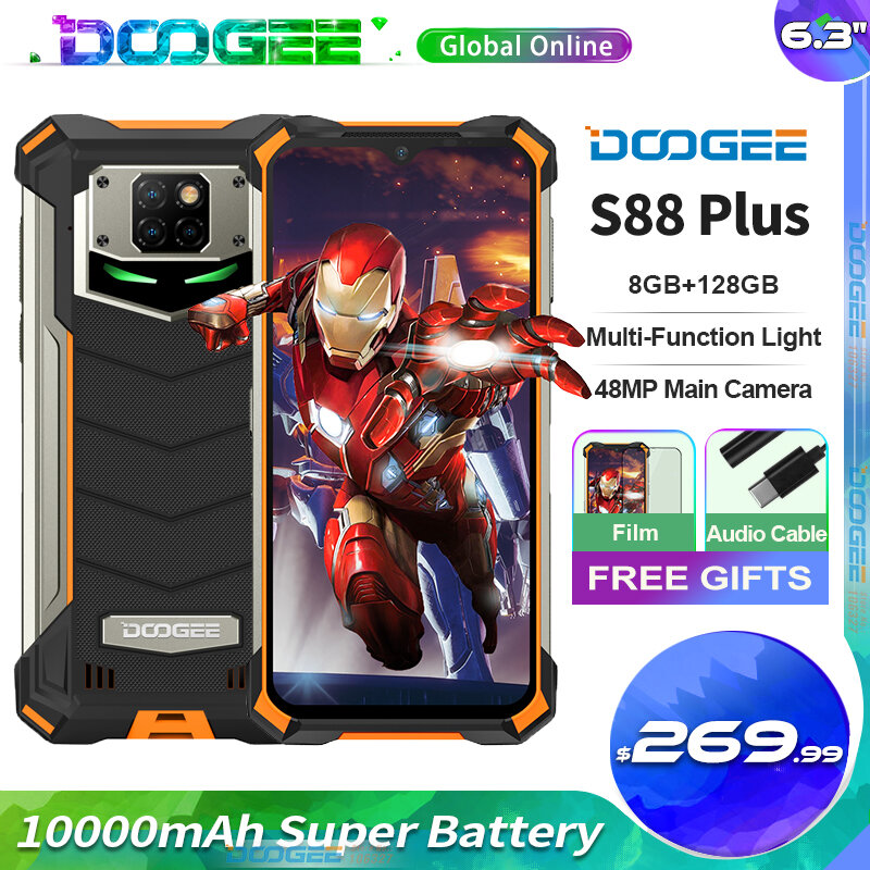 Doogee S88 플러스 견고한 휴대폰, 10000mAh 슈퍼 배터리, 8 + 128GB 48MP 메인 카메라, 안드로이드 10, IP68, IP69K 글로벌 버전 휴대폰