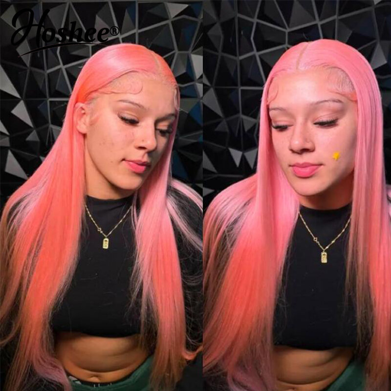 Straight Pink Light Blue Colored 13X4 HD Frontal Wigs Lace Front Human Hair Wig for Women Pre Plucked Transparent Brazilian Remy