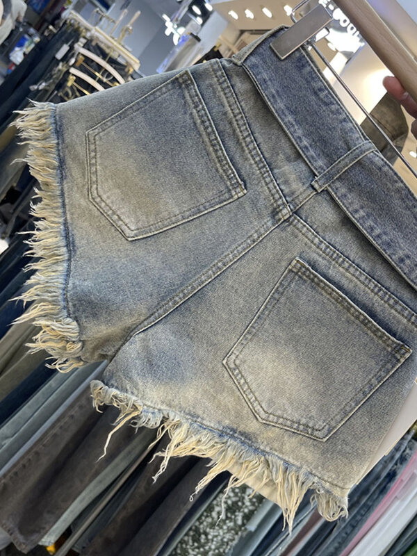 Винтажные облегающие джинсовые шорты в американском стиле с завышенной талией, летние женские пикантные обтягивающие брюки с необработанными краями, новая трендовая одежда Gyaru, 2024