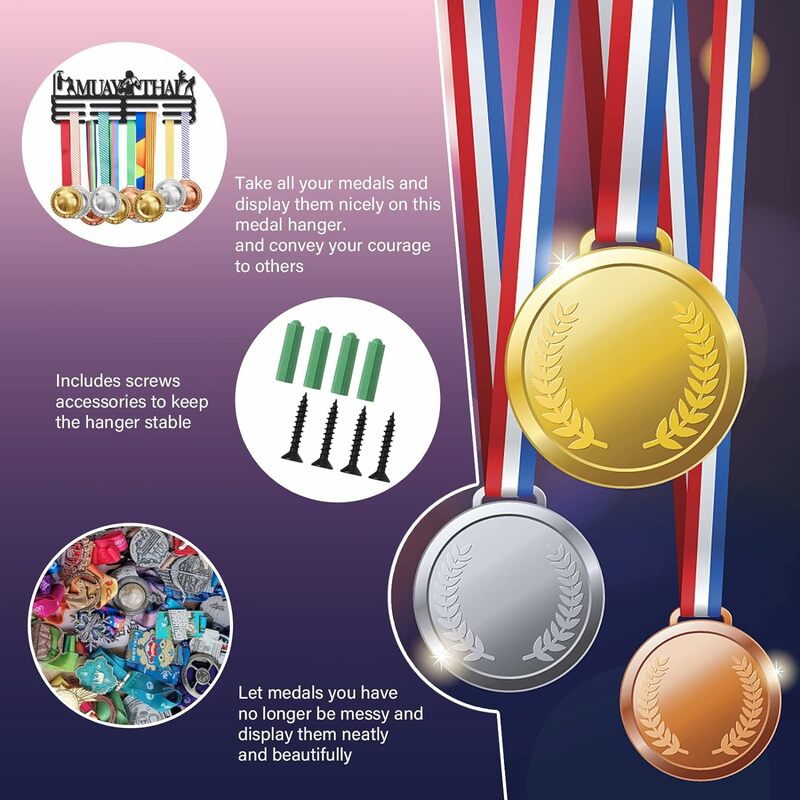 ที่แขวนเหรียญรางวัลแบบแขวนสำหรับผู้ชายมวยไทยที่ชั้นโชว์เหรียญสำหรับ60 + ผู้ถือถ้วยรางวัลกีฬาที่วางริบบิ้น