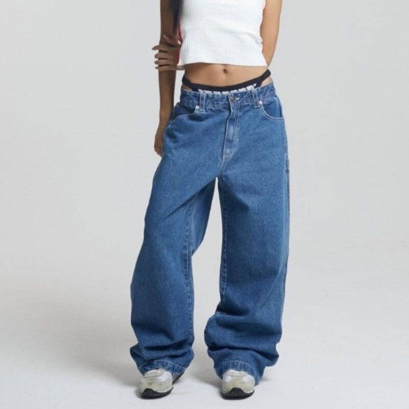 Deeptown Vintage Baggy Y2k Jeans Spring 2024 Women Oversized Denim Pants Streetwear Wide Leg Pockets Embroidery Trousers Korea
