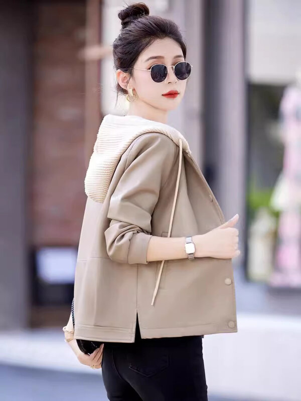 新しい女性春秋フード付きレザージャケット ファッション取り外し可能なフードシングルブレストシープスキンジャケット カジュアルなスプリットレザーコート