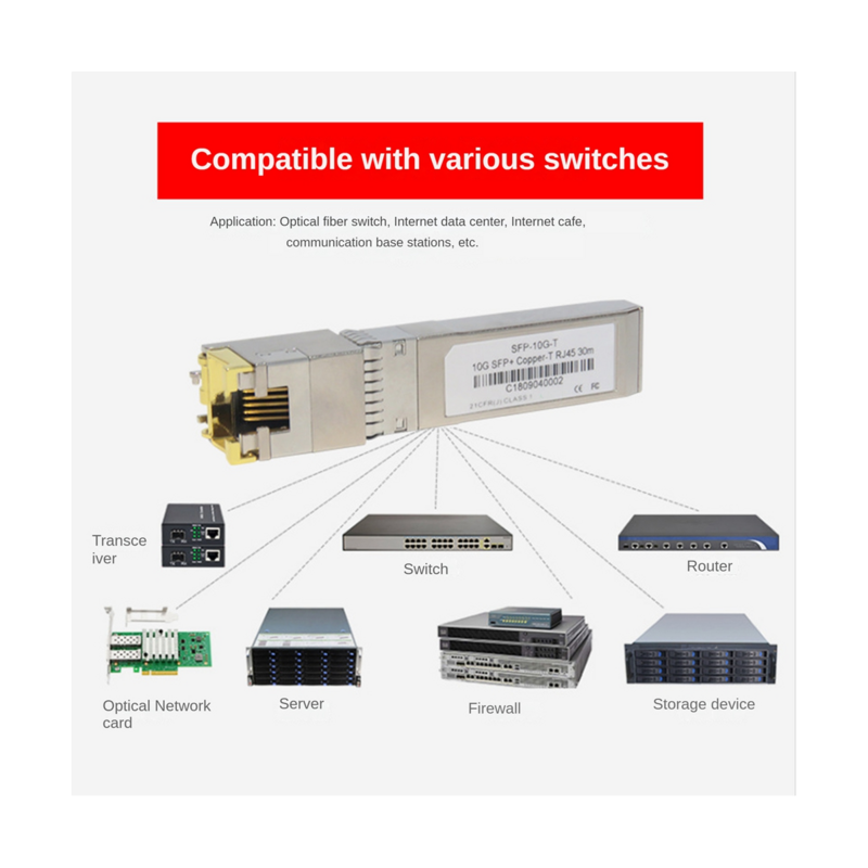 Transceiver kompatibel SFP-10G, Transceiver tembaga 10G SFP + RJ-45 1.25/2.5/5/10 g-t. 6A