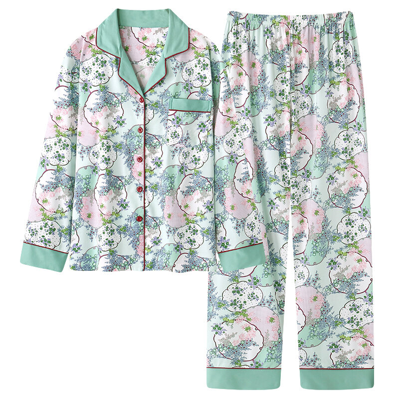 Женская Хлопковая пижама с цветочным принтом и отложным воротником