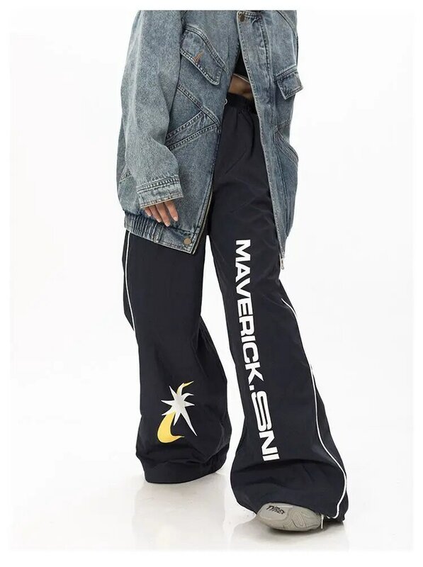 Pantalones de chándal con estampado de letras para mujer, pantalón informal de estilo Hong Kong, elegante, con contraste, para verano, 2023