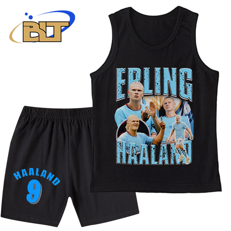 Haaland-Conjunto de roupas infantis de verão, shorts esportivos pretos, terno com colete avatar estampado, conjunto 2 peças