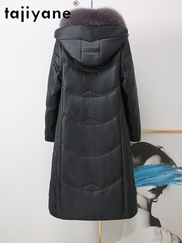 Tajiyane 여성용 진짜 가죽 재킷, 화이트 덕 다운 코트, 후드 여우 모피 칼라, 따뜻하고 긴 양가죽 다운 코트, Abrigos