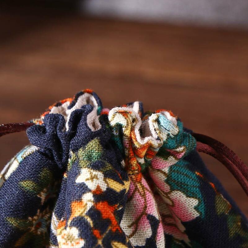 Sac de rangement en coton et lin avec cordon de proximité, motif floral, sac de rangement pour théière, outils à thé, tasse à thé