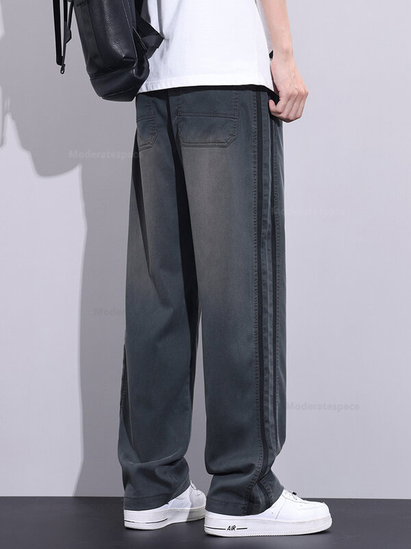 Celana pakaian pria, celana panjang Vintage lembut longgar, pinggang elastis kasual ukuran besar 5XL, musim panas
