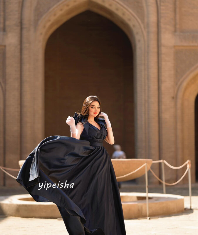 Gaun Prom Arab Saudi gaya Modern sederhana Formal malam V-Neck A-line bunga tertutup Satin Bespoke gaun acara