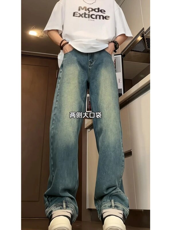 2024 Reversed Wearing Inverted Jeans Men's American High Street Vibe Pants Micro flared Workwear Wide Leg Floor Dragging new