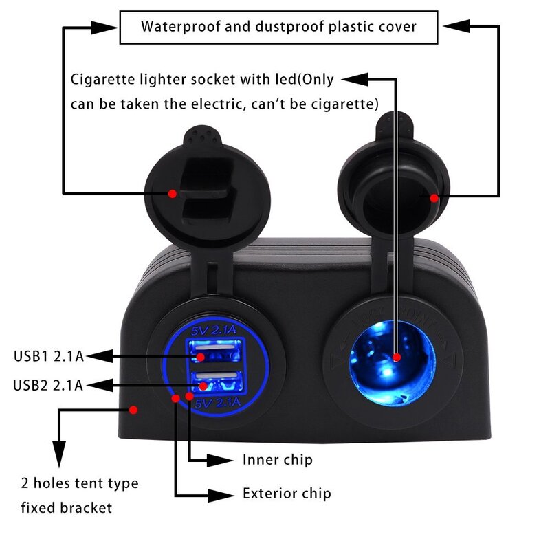Universal Waterproof 4.2A Dual USB Charger with Cigarette Lighter Socket Two Hole Tent Type Panel for Boat Marine ATV RV