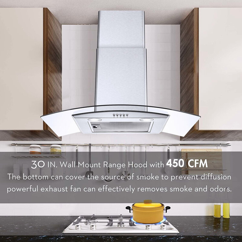Tieasy-Cozinha de parede de vidro temperado ventilador ventilado, 3-Speed Range Hood, USGD3375A, 30 ", 450CFM