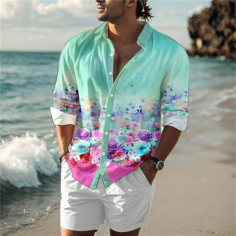 Camisa con estampado 3D de rosas para hombre, camisa creativa de manga larga con solapa y botones, ropa de calle para vacaciones de verano, novedad de 2024