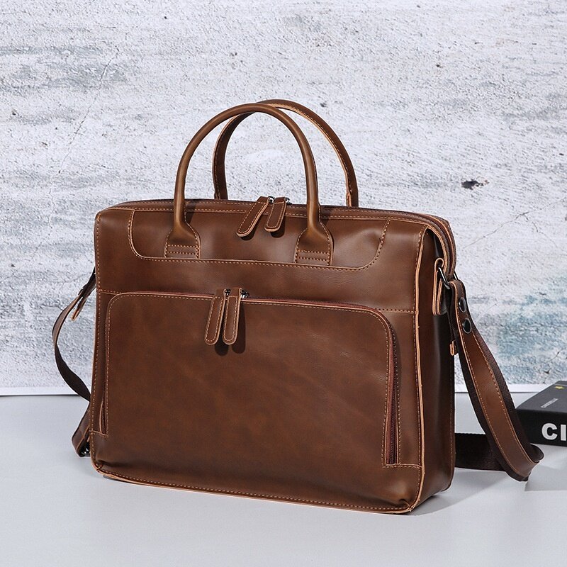 Vintage Business Men's Briefcase Bag Luxury PU Leather Handbag Large Capacity Shoulder Messenger Bag 14 " Laptop Tote Bag
