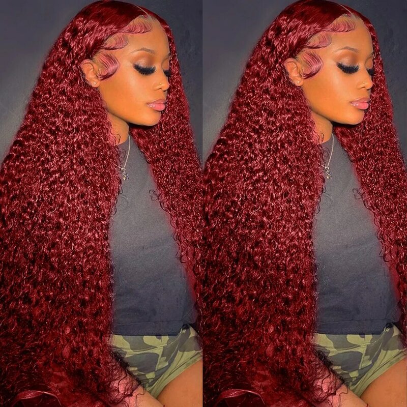 Peluca de cabello humano rizado de 13x6, 13x4, HD, malla Frontal, color burdeos, rojo, 99J