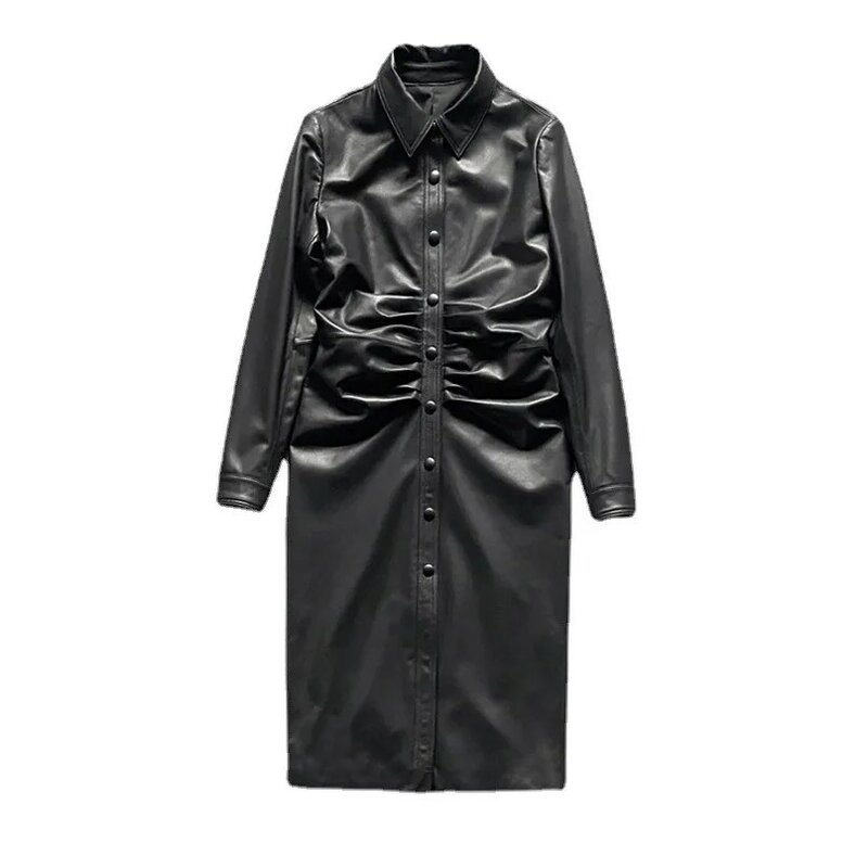 Vestido de cuero para mujer, abrigo negro ajustado, cintura arrugada, botonadura única, largo, otoño e invierno, 2023
