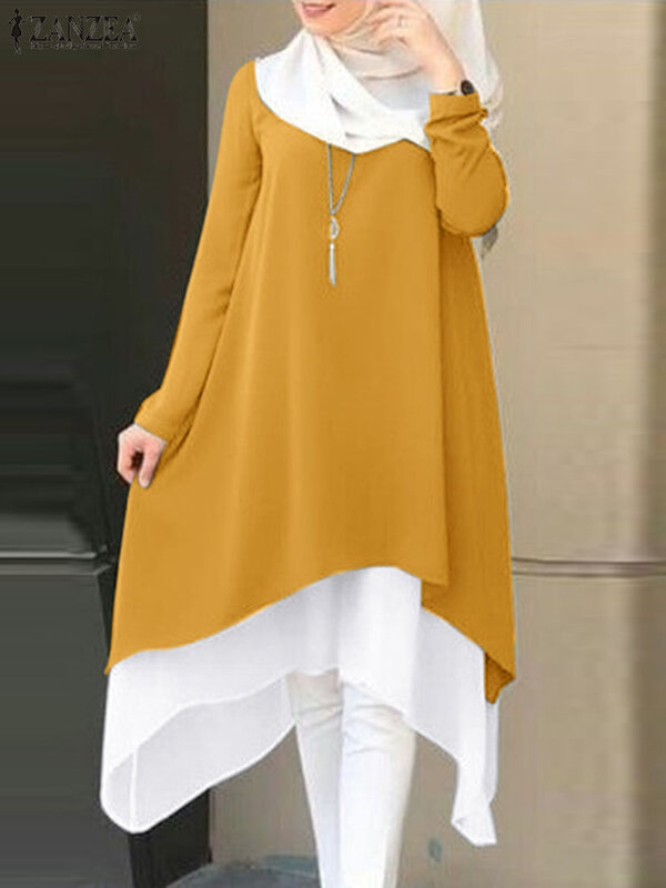 ZANZEA Stylish ผู้หญิงแขนยาวมุสลิมเสื้อฤดูใบไม้ร่วงสบายๆดูไบตุรกี Abaya Hijab Blusa เสื้อผ้าอิสลาม Patchwork Hem เสื้อ